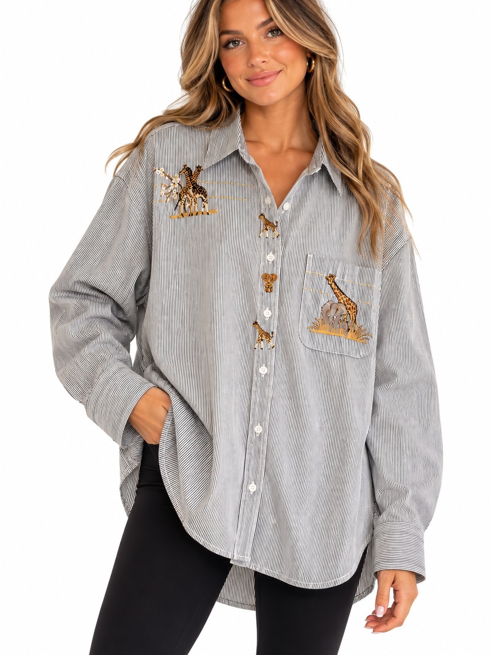 Women's Oversized Safari Giraffe Elephant Embroidered Striped Button Shirt